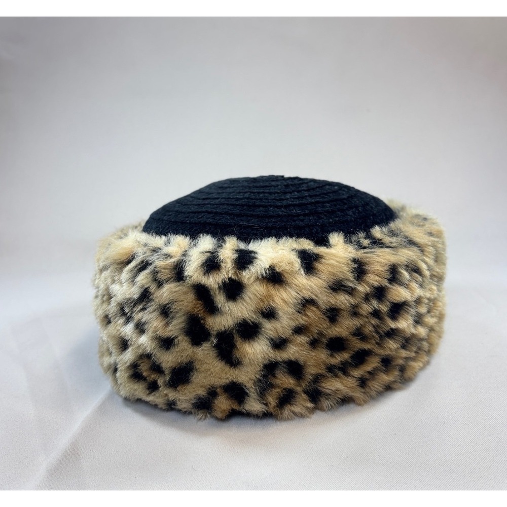 Betmar Leopard Faux Fur Pillbox Hat Womens OS Black Tan Vintage Style X652KO